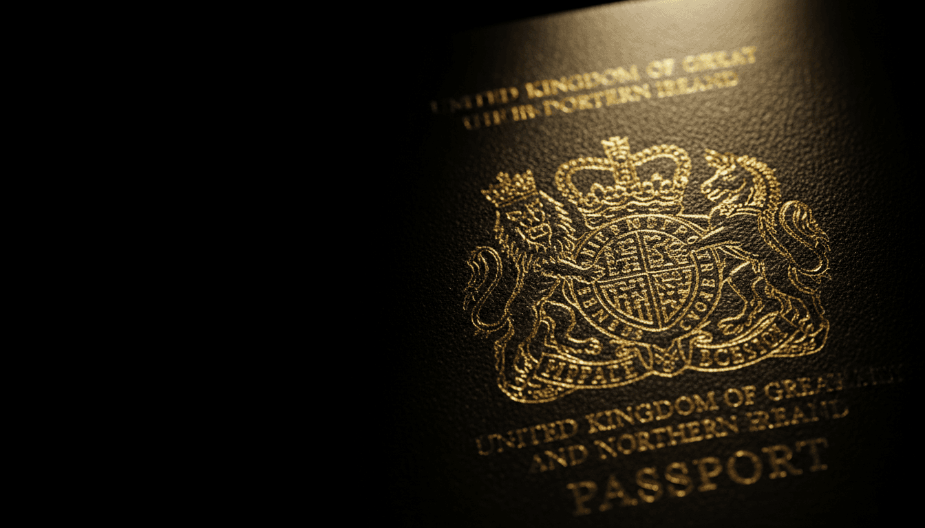 Close-up of British passport corner with gold crest in dramatic lighting