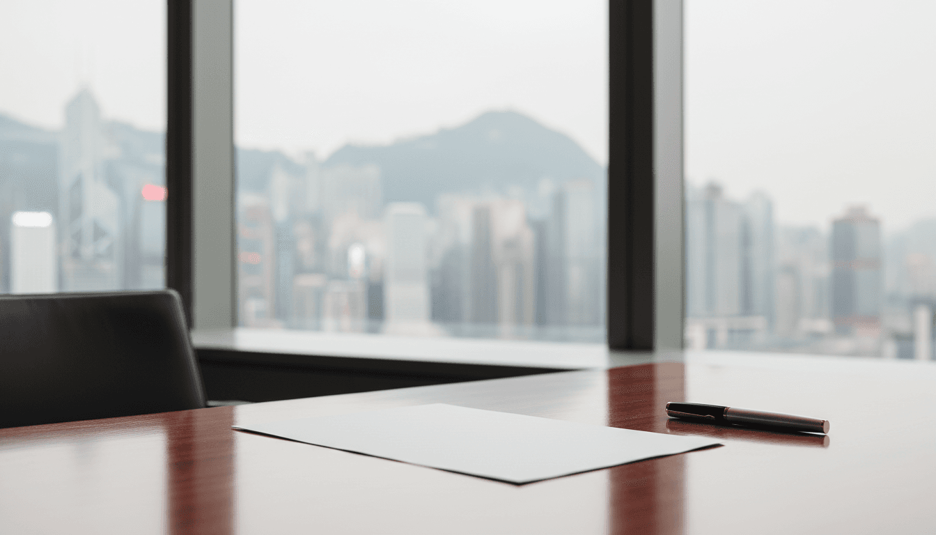 Mahogany desk with document and pen in a sunlit Central Hong Kong office