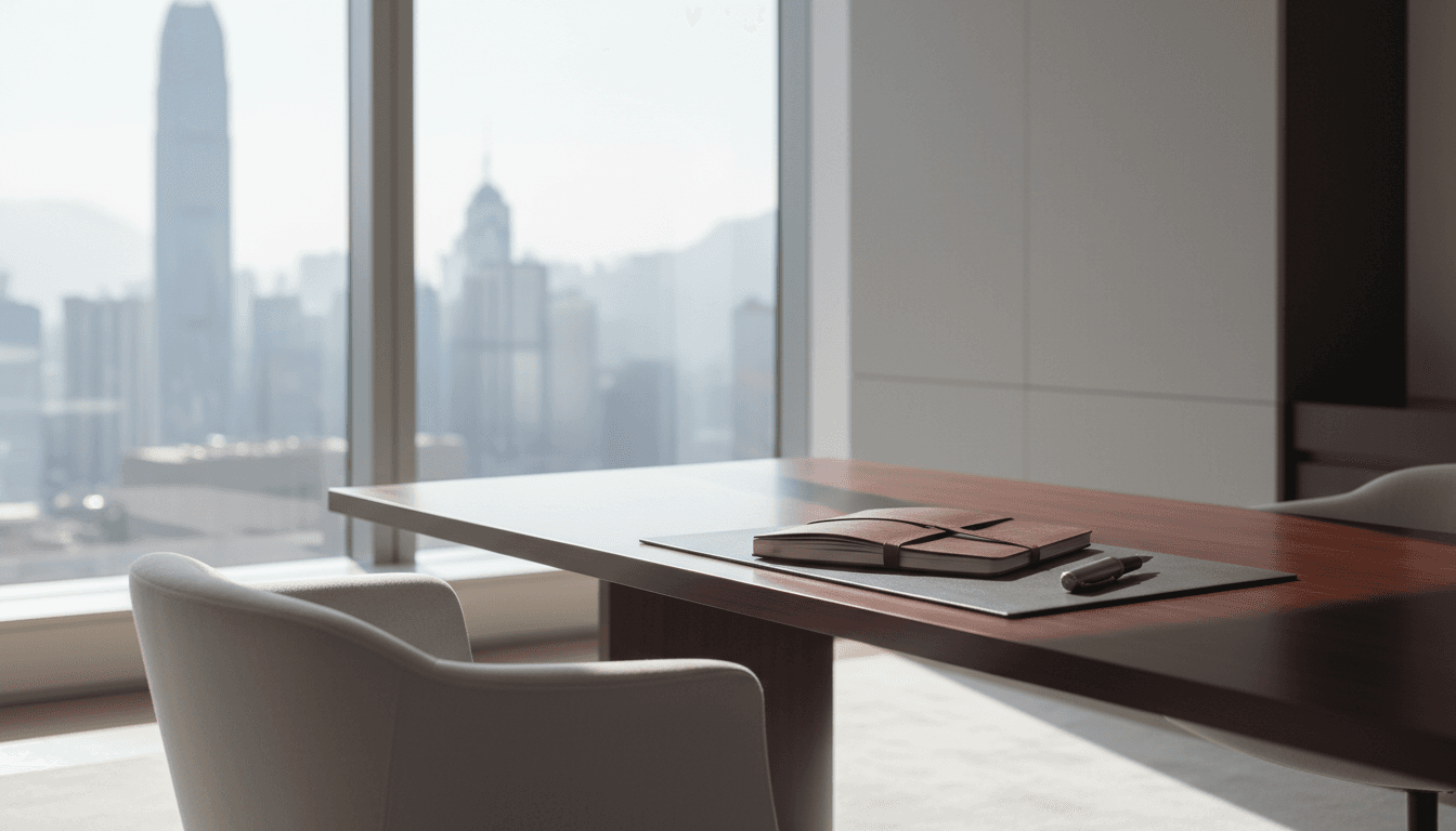 Elegant consulting desk with leather notebook and pen in a sunlit Hong Kong office